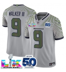 Men Seattle Seahawks 9 Kenneth Walker III Grey 2025 F U S E  Super Bowl LX Patch And 50th Season Patch  Rivalries Vapor Limited Stitched Football Jersey