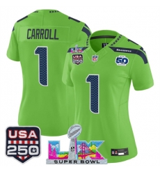 Women Seattle Seahawks 1 Pete Carroll Green 2025 F U S E  Super Bowl LX Patch And 50th Season  26 USA 250 27 Patch Vapor Limited Football Stitched Jersey 