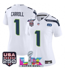 Women Seattle Seahawks 1 Pete Carroll Navy 2025 F U S E  Super Bowl LX Patch And 50th Season  26 USA 250 27 Patch Vapor Limited Football Stitched Jersey 