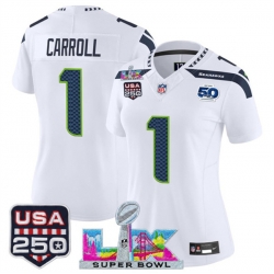 Women Seattle Seahawks 1 Pete Carroll Navy 2025 F U S E  Super Bowl LX Patch And 50th Season  26 USA 250 27 Patch Vapor Limited Football Stitched Jersey 