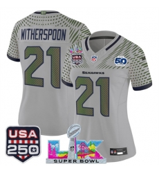 Women Seattle Seahawks 21 Devon Witherspoon Gray 2025 F U S E Super Bowl LX  US 250th anniversary Patch And 50th Season Patch Rivalries Vapor Limited Footb