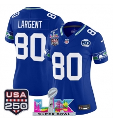 Women Seattle Seahawks 80 Steve Largent Royal 2025 F U S E Super Bowl LX Patch And 50th Season  USA 250 Patch Vapor Throwback Limited Stitched Football Jer