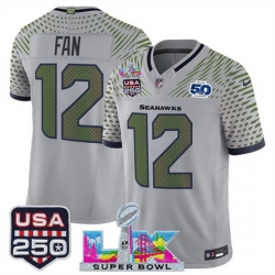 Youth Seattle Seahawks 12 Fan Gray 2025 F U S E  Super Bowl LX  26 US 250th anniversary Patch And 50th Season Patch  Rivalries Vapor Limited Stitched Footb