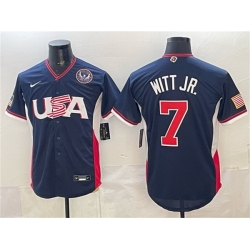 Men USA Baseball  7 Bobby Witt Jr  Navy 2026 World Baseball Classic United States 250th Anniversary Patch Road Stadium Stitched Jersey